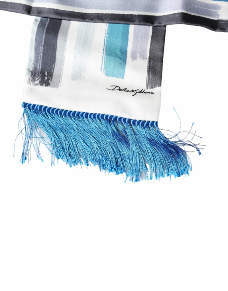 Dolce & Gabbana White Blue Stripes Silk Fringes Wrap Scarf - Image 5