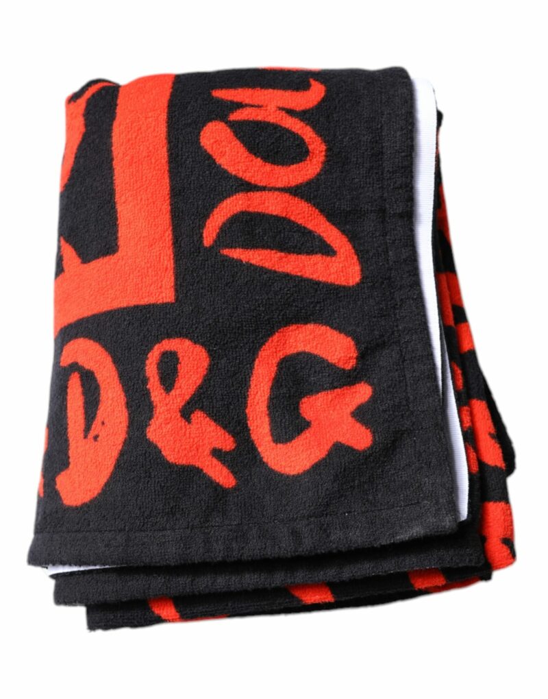 Dolce & Gabbana Black Red Logo Print Cotton Beach Towel - Image 6