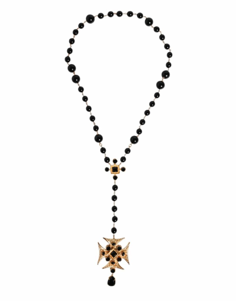 Dolce & Gabbana Gold Tone Brass Cross Black Beaded Chain Rosary Necklace - Image 2