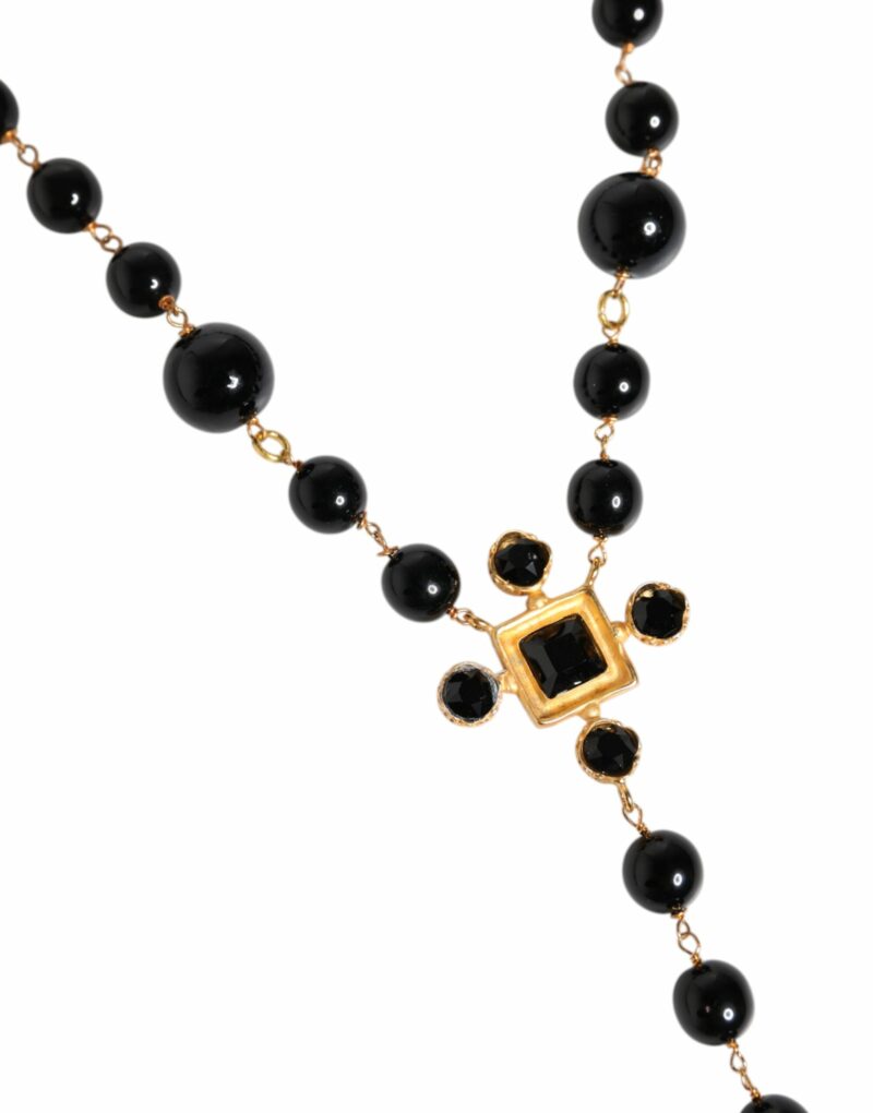 Dolce & Gabbana Gold Tone Brass Cross Black Beaded Chain Rosary Necklace - Image 4