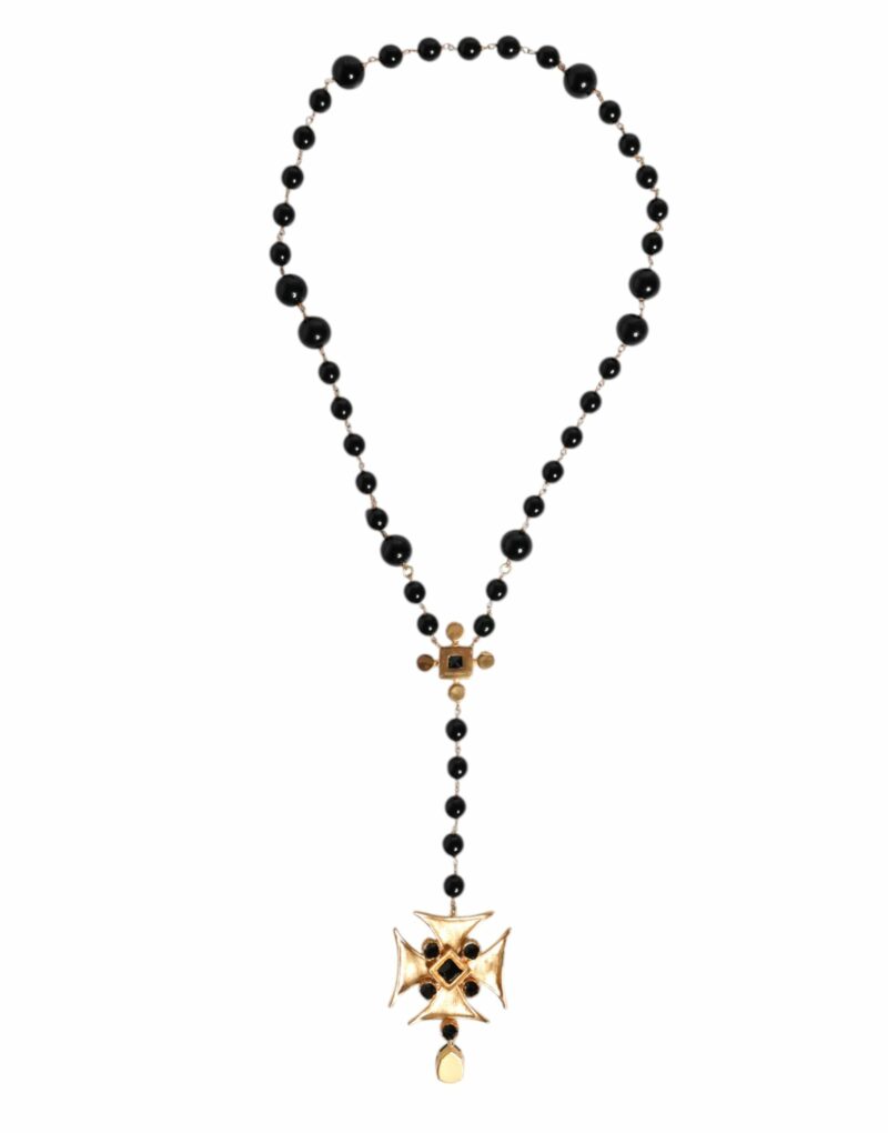 Dolce & Gabbana Gold Tone Brass Cross Black Beaded Chain Rosary Necklace - Image 5