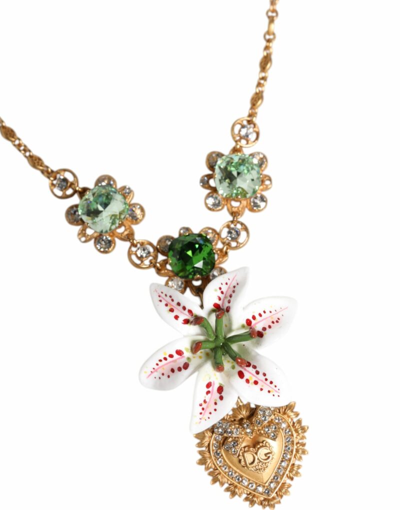 Dolce & Gabbana Gold Brass Lily Crystal Sacred Heart Pendant Necklace - Image 3