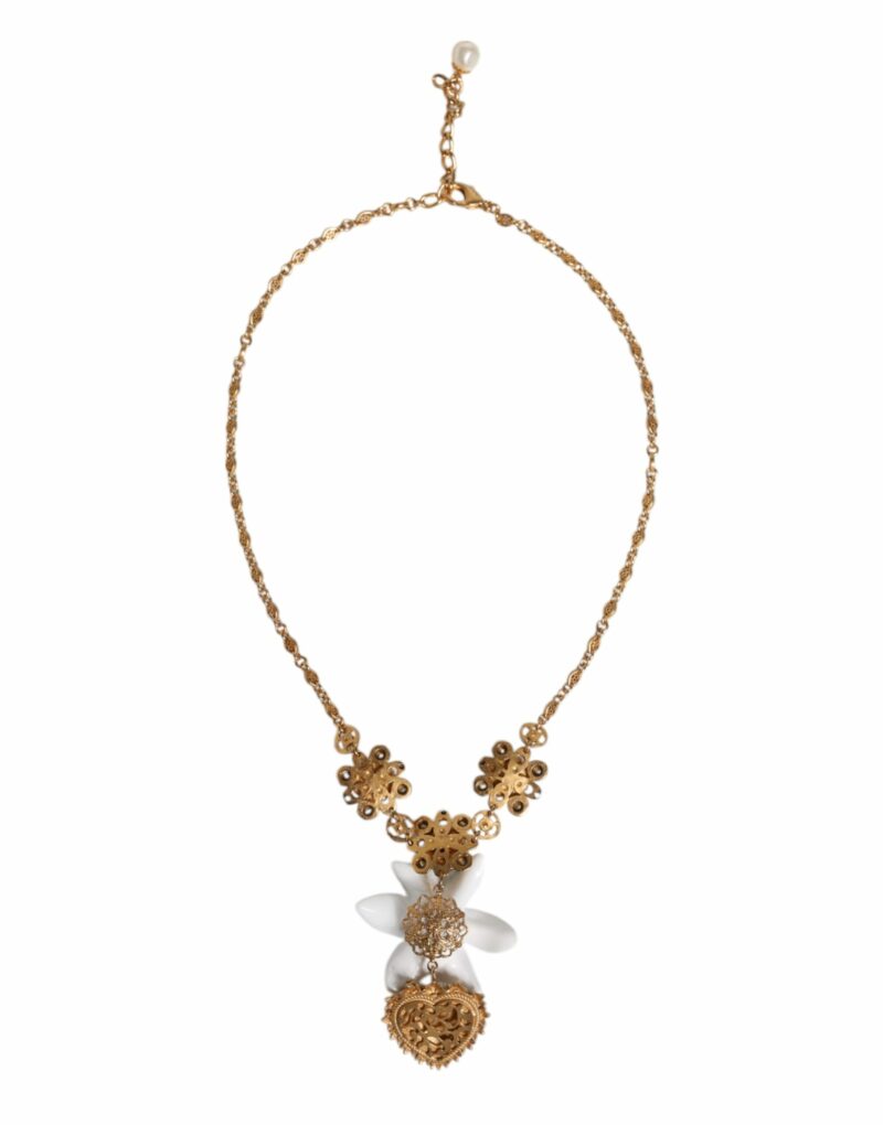 Dolce & Gabbana Gold Brass Lily Crystal Sacred Heart Pendant Necklace - Image 4