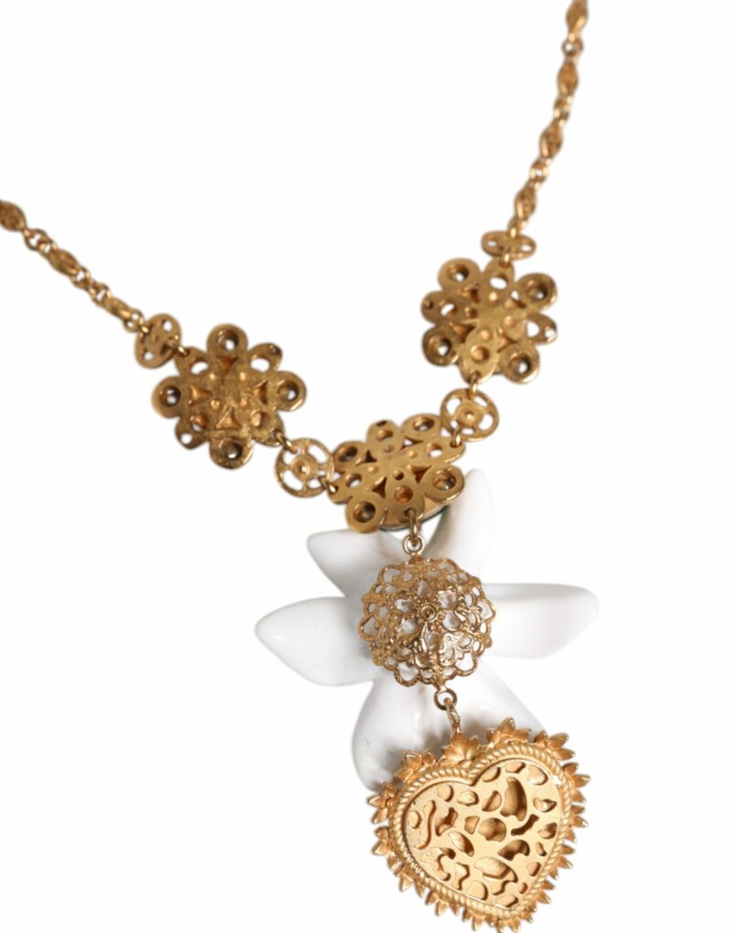 Dolce & Gabbana Gold Brass Lily Crystal Sacred Heart Pendant Necklace - Image 5