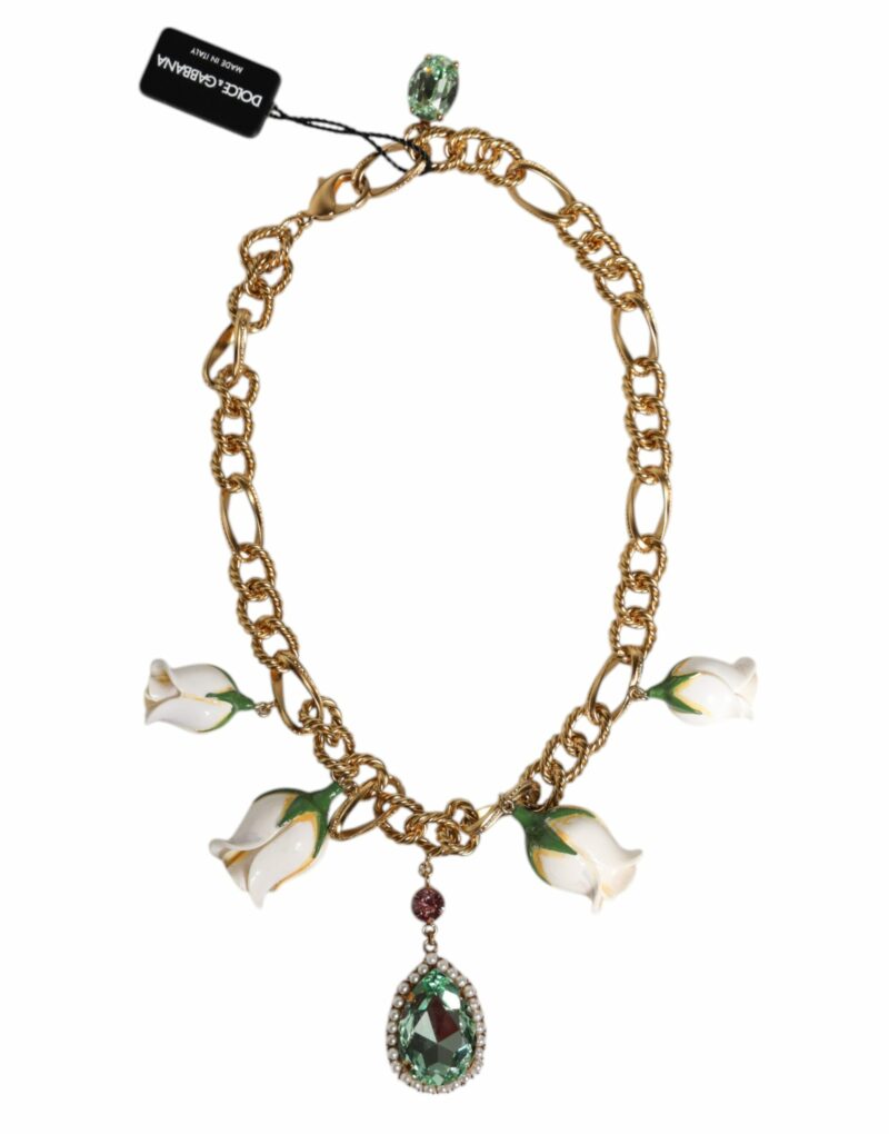 Dolce & Gabbana Gold Brass Short Chain Flower Crystal Pendant Necklace - Image 2