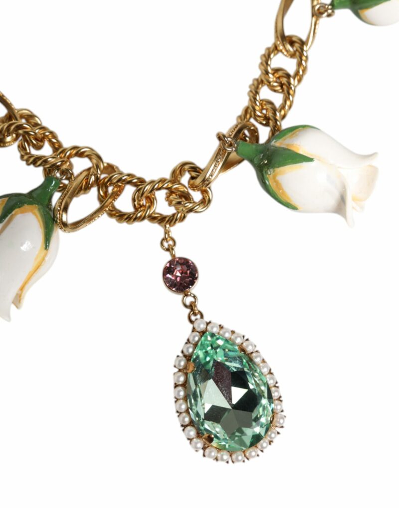 Dolce & Gabbana Gold Brass Short Chain Flower Crystal Pendant Necklace - Image 3