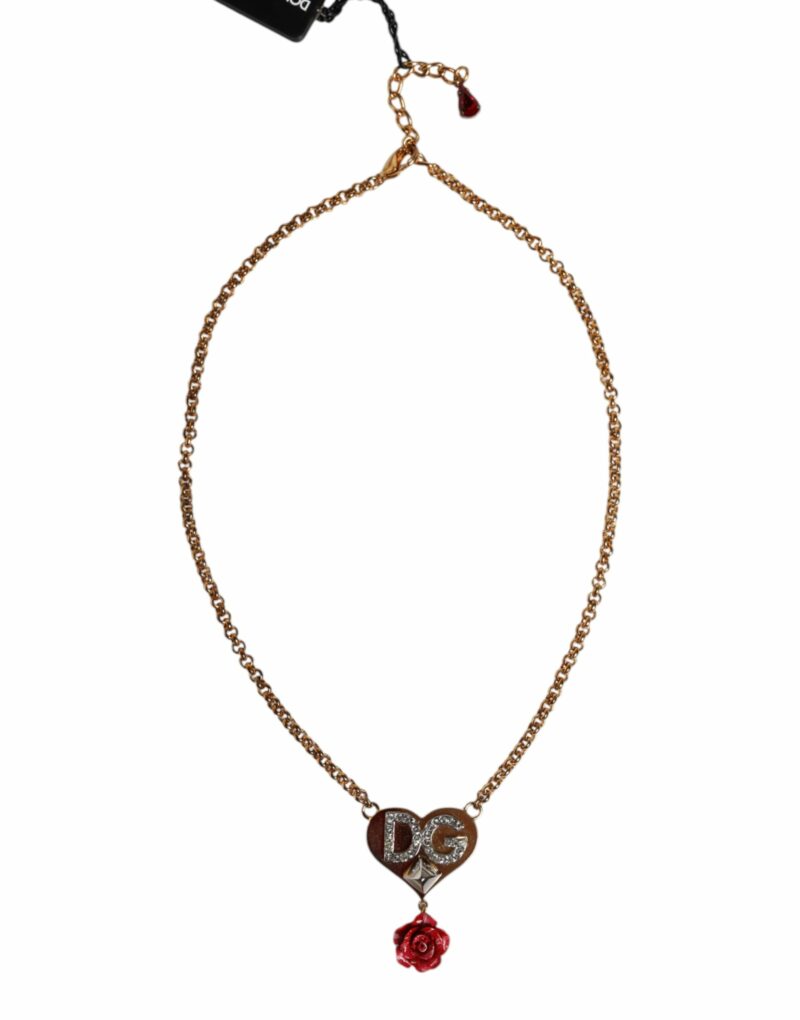 Dolce & Gabbana Gold Brass Cuore Heart Rose Crystal Embellished Necklace - Image 2