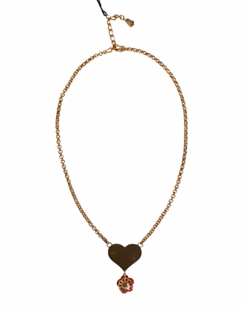 Dolce & Gabbana Gold Brass Cuore Heart Rose Crystal Embellished Necklace - Image 4
