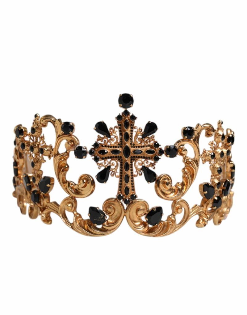 Dolce & Gabbana Gold Tone Brass Cross Crystal Embellished Crown Tiara - Image 2