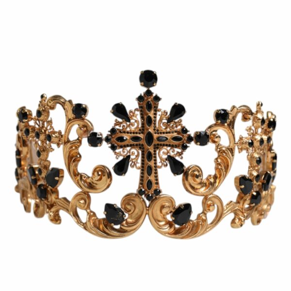Dolce & Gabbana Gold Tone Brass Cross Crystal Embellished Crown Tiara