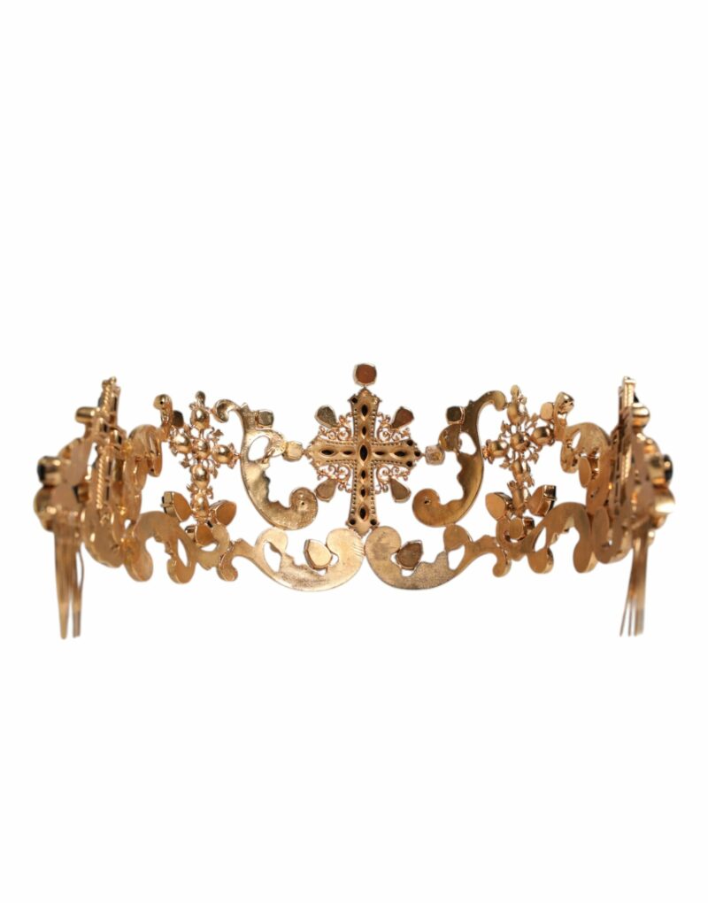 Dolce & Gabbana Gold Tone Brass Cross Crystal Embellished Crown Tiara - Image 6