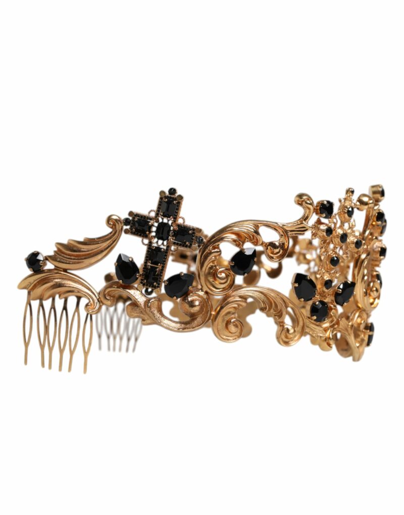 Dolce & Gabbana Gold Tone Brass Cross Crystal Embellished Crown Tiara - Image 5