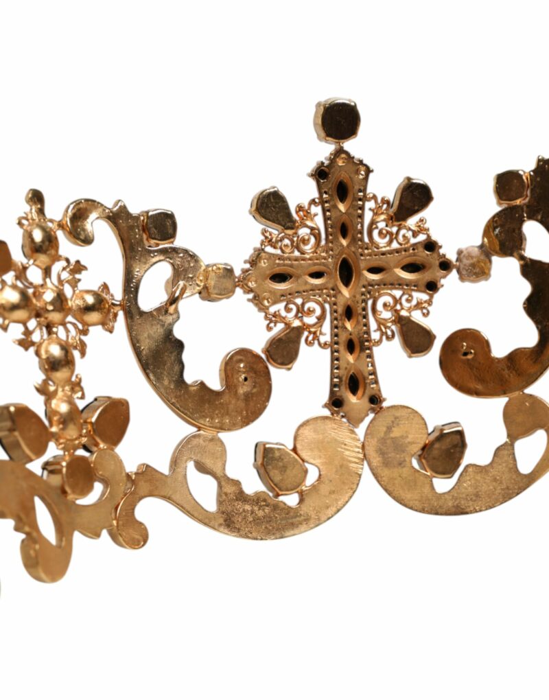 Dolce & Gabbana Gold Tone Brass Cross Crystal Embellished Crown Tiara - Image 3