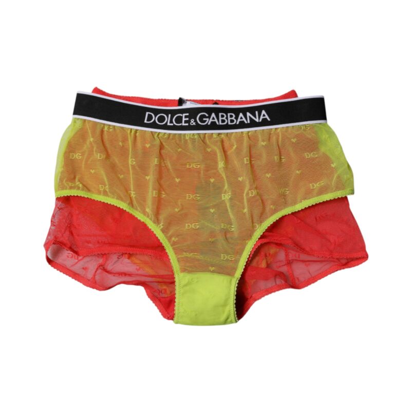 Dolce & Gabbana Red Yellow Tulle Mid Waist Panty Underwear - Image 3