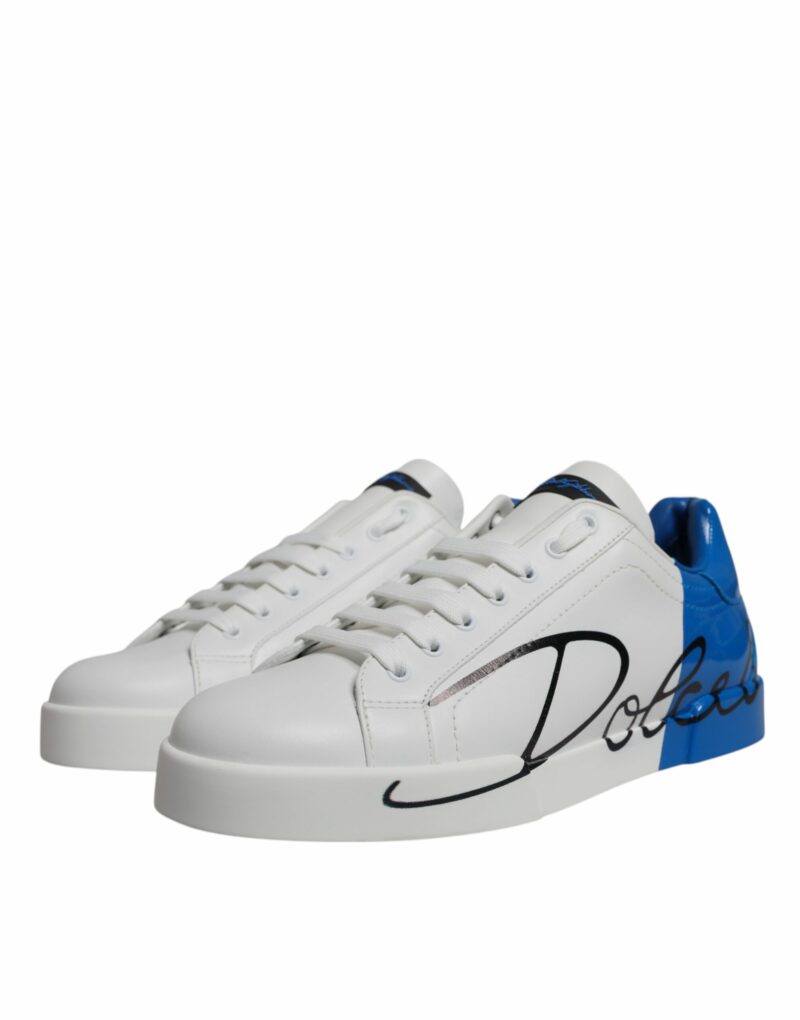 Dolce & Gabbana White Blue Leather Logo Low Top Sneakers Shoes - Image 3