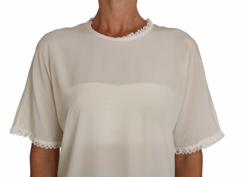 Dolce & Gabbana Cream Silk Lace-Detailed Blouse Top - Image 3