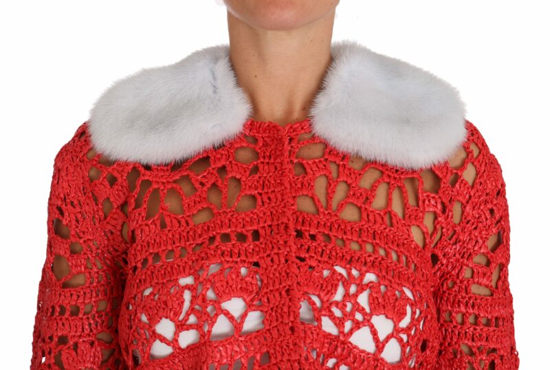 Dolce & Gabbana Elegant Red Crochet Knit Cardigan with Fur Collar - Image 3