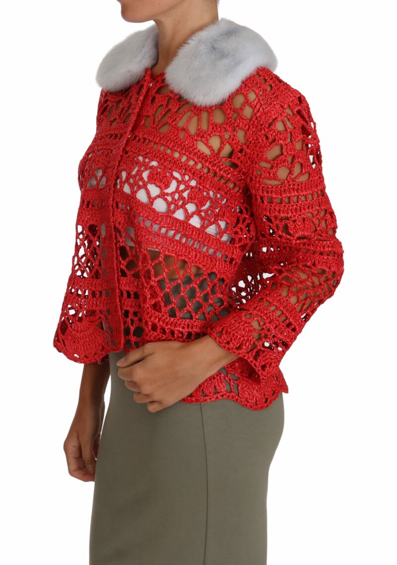 Dolce & Gabbana Elegant Red Crochet Knit Cardigan with Fur Collar - Image 4