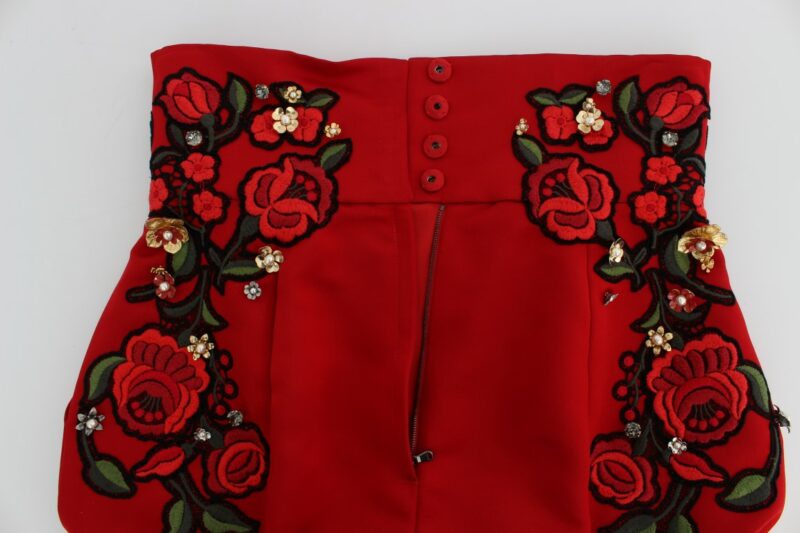 Dolce & Gabbana Red Silk Crystal-Embellished Mini Shorts - Image 8