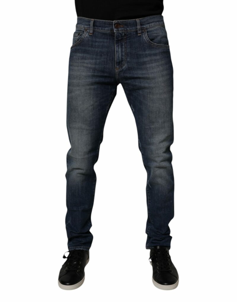 Dolce & Gabbana Dark Blue Cotton Leather Skinny Denim Jeans - Image 2