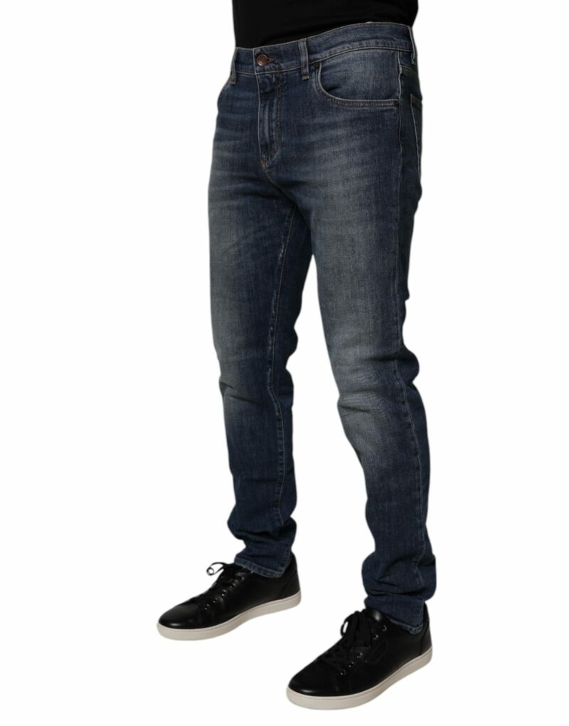 Dolce & Gabbana Dark Blue Cotton Leather Skinny Denim Jeans - Image 3