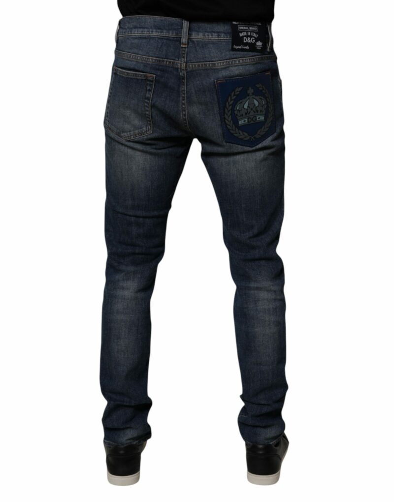 Dolce & Gabbana Dark Blue Cotton Leather Skinny Denim Jeans - Image 4