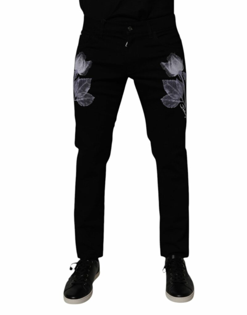 Dolce & Gabbana Black Floral Cotton Skinny Men Denim Jeans - Image 2