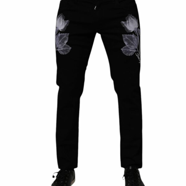 Dolce & Gabbana Black Floral Cotton Skinny Men Denim Jeans