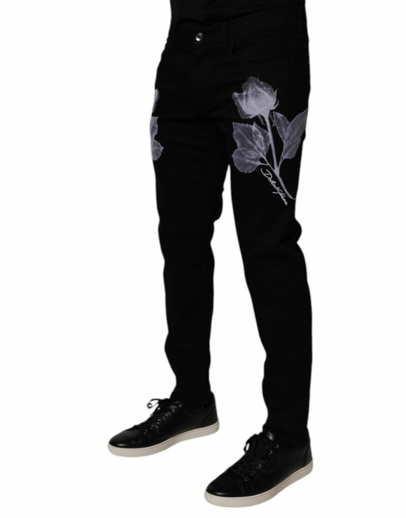 Dolce & Gabbana Black Floral Cotton Skinny Men Denim Jeans - Image 3