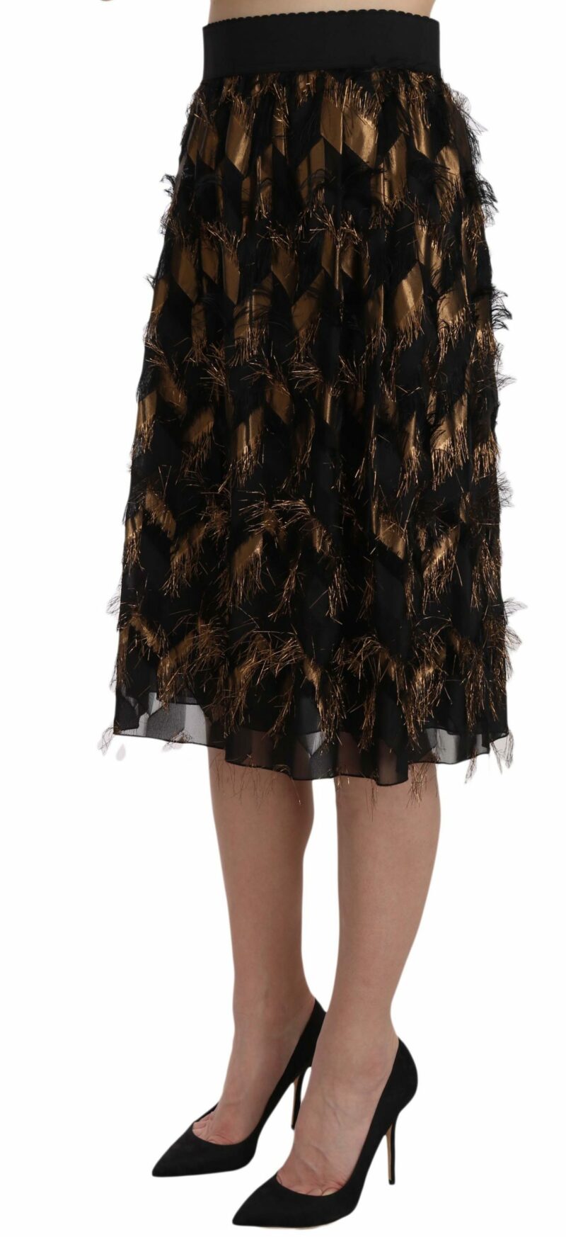 Dolce & Gabbana Elegant Gold Black Silk Blend High Waist Skirt - Image 5