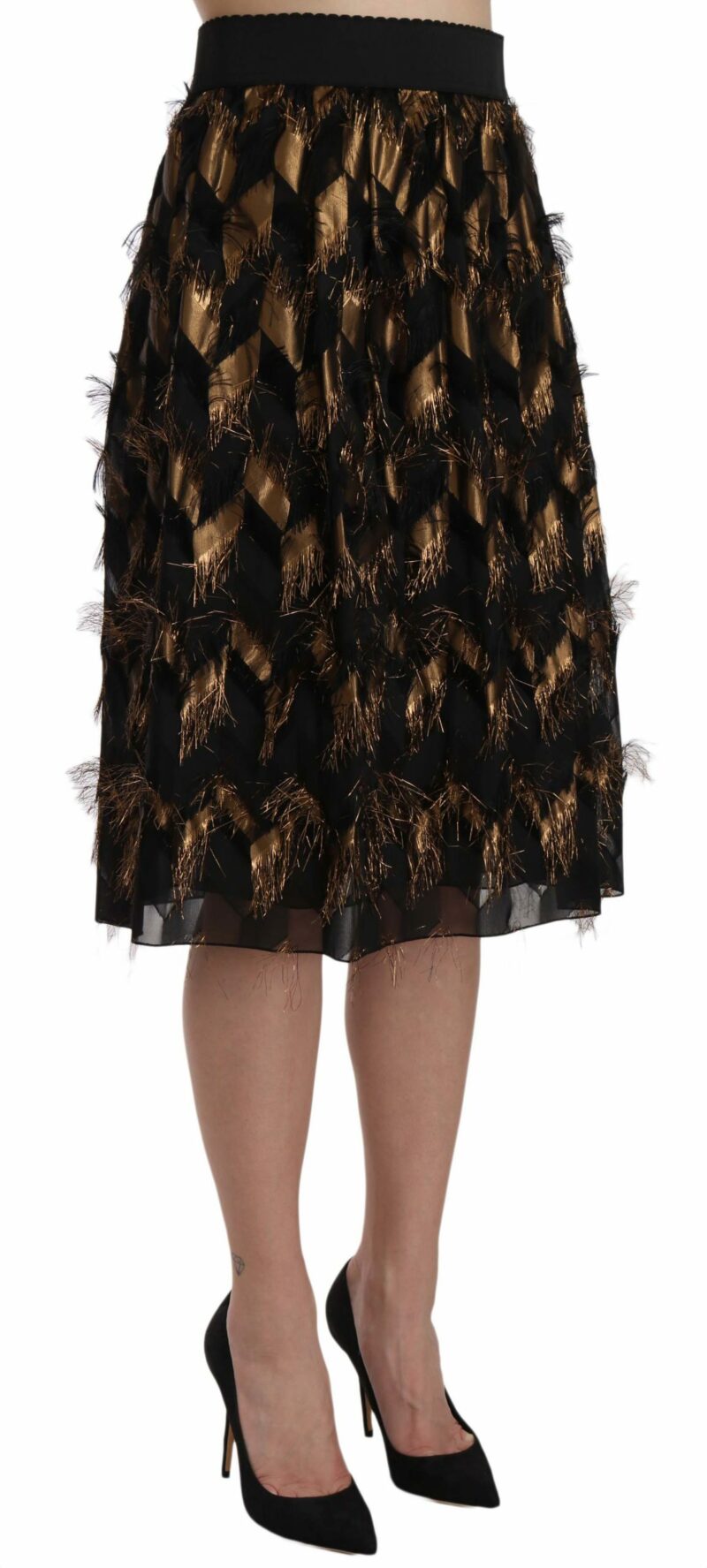Dolce & Gabbana Elegant Gold Black Silk Blend High Waist Skirt - Image 4