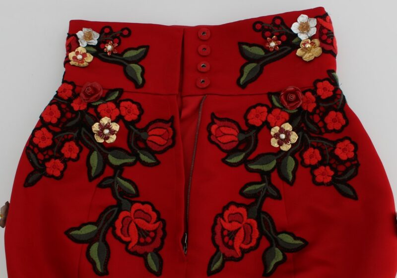 Dolce & Gabbana Glamorous Red Silk Floral Embroidered Shorts - Image 5