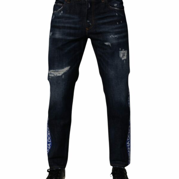 Dolce & Gabbana Dark Blue Cotton Tattered Skinny Denim Jeans