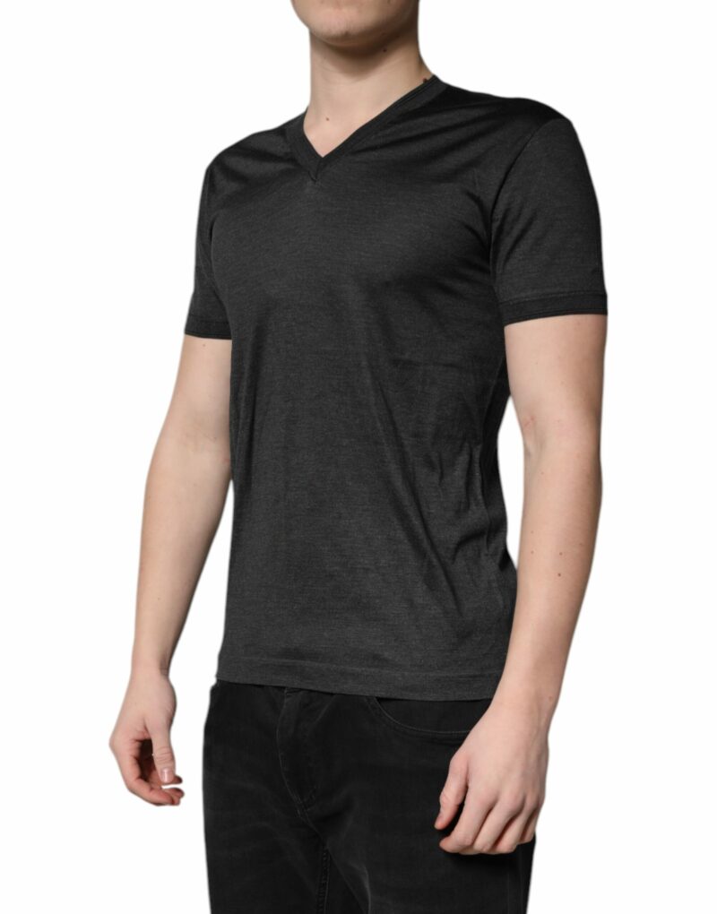 Dolce & Gabbana Dark Gray Silk V-neck Short Sleeves T-shirt - Image 3