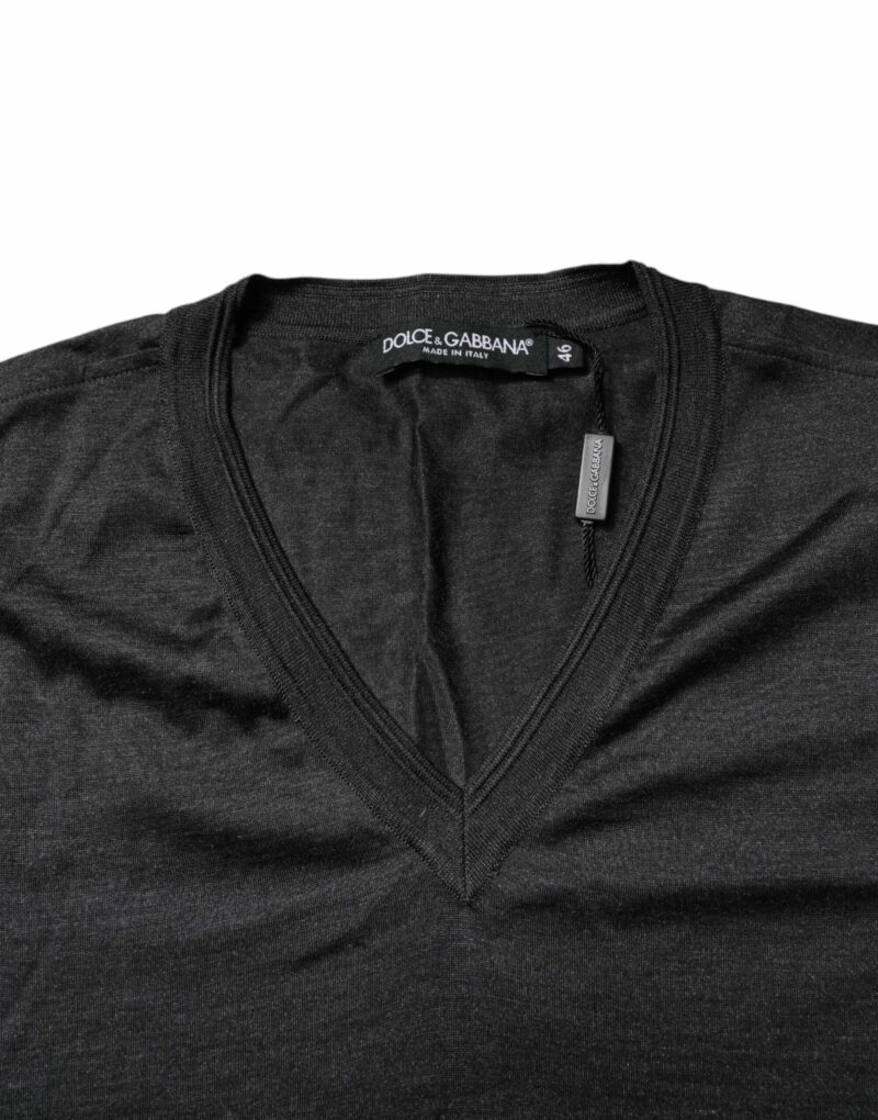 Dolce & Gabbana Dark Gray Silk V-neck Short Sleeves T-shirt - Image 6