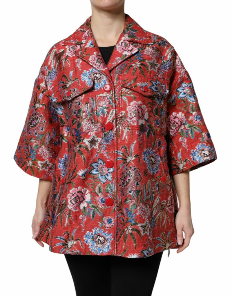 Dolce & Gabbana Red Floral Jacquard Button Down Coat Jacket - Image 2