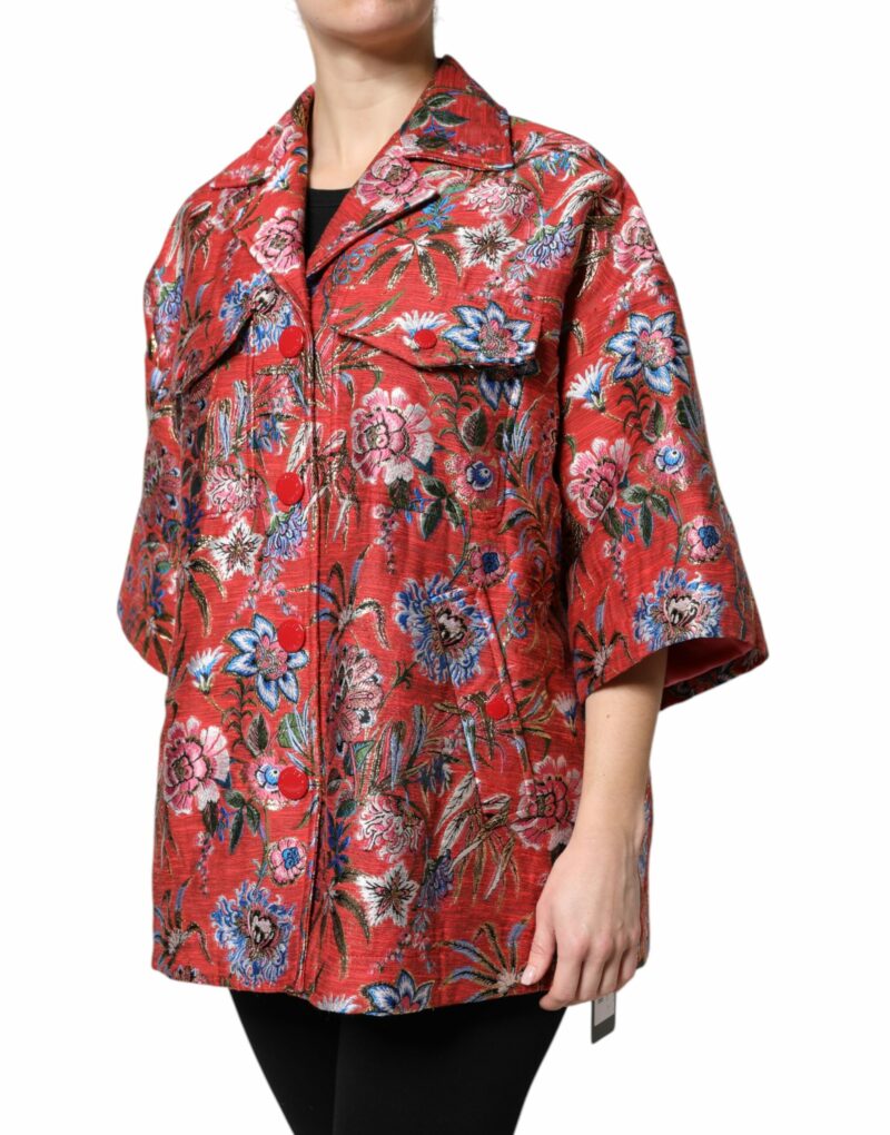 Dolce & Gabbana Red Floral Jacquard Button Down Coat Jacket - Image 3