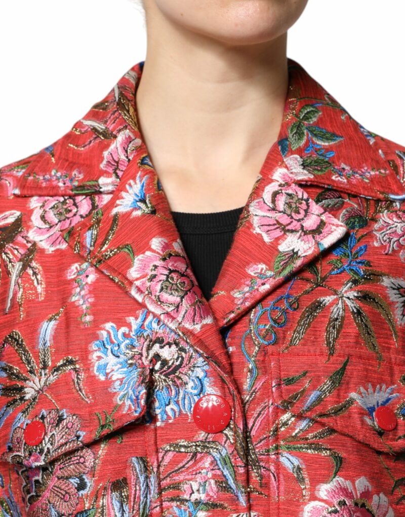 Dolce & Gabbana Red Floral Jacquard Button Down Coat Jacket - Image 5
