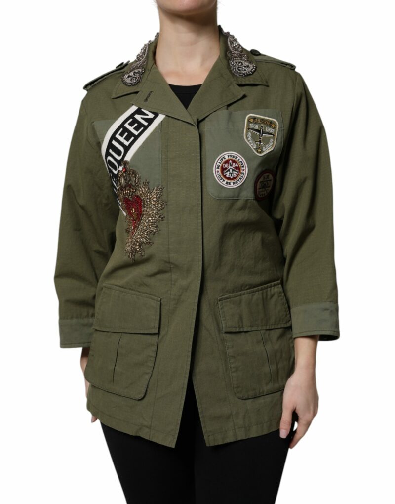 Dolce & Gabbana Military Green Queen Embellished Coat Jacket - Image 2