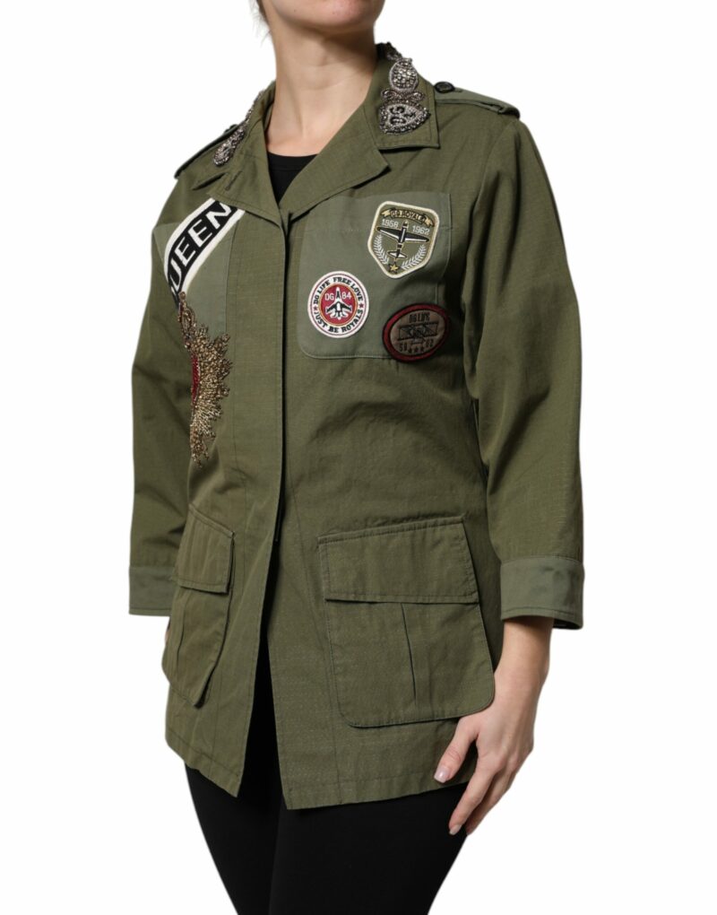 Dolce & Gabbana Military Green Queen Embellished Coat Jacket - Image 3