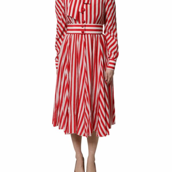 Dolce & Gabbana White Red Stripes Long Sleeves Midi Dress