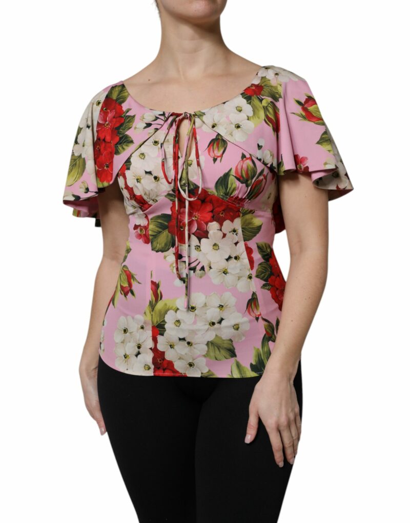 Dolce & Gabbana Pink Floral Silk Short Sleeves Blouse Top - Image 2