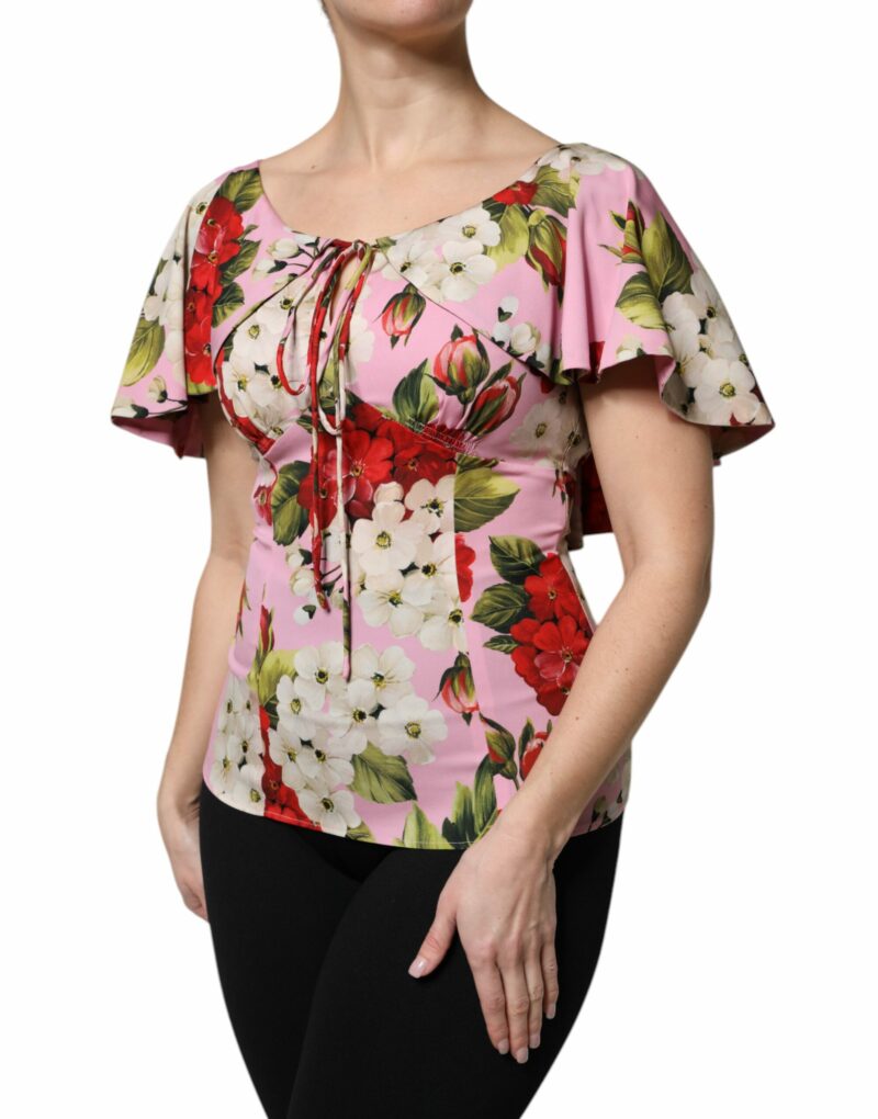 Dolce & Gabbana Pink Floral Silk Short Sleeves Blouse Top - Image 3