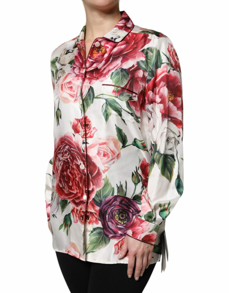 Dolce & Gabbana White Floral Silk Lounge Sleepwear Blouse Top - Image 3