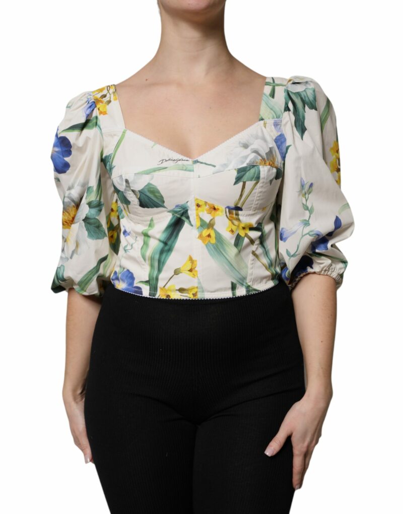 Dolce & Gabbana White Floral Puff Sleeves Crop Blouse Top - Image 2