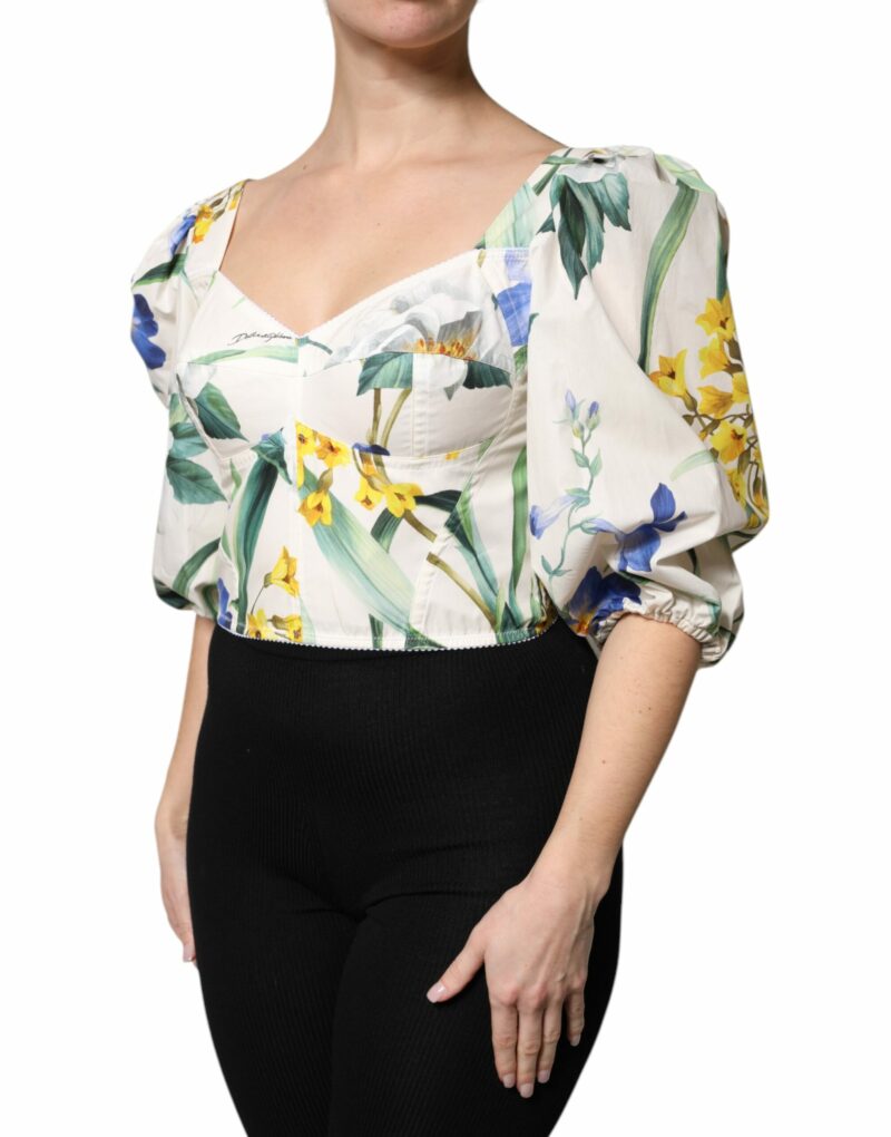 Dolce & Gabbana White Floral Puff Sleeves Crop Blouse Top - Image 3