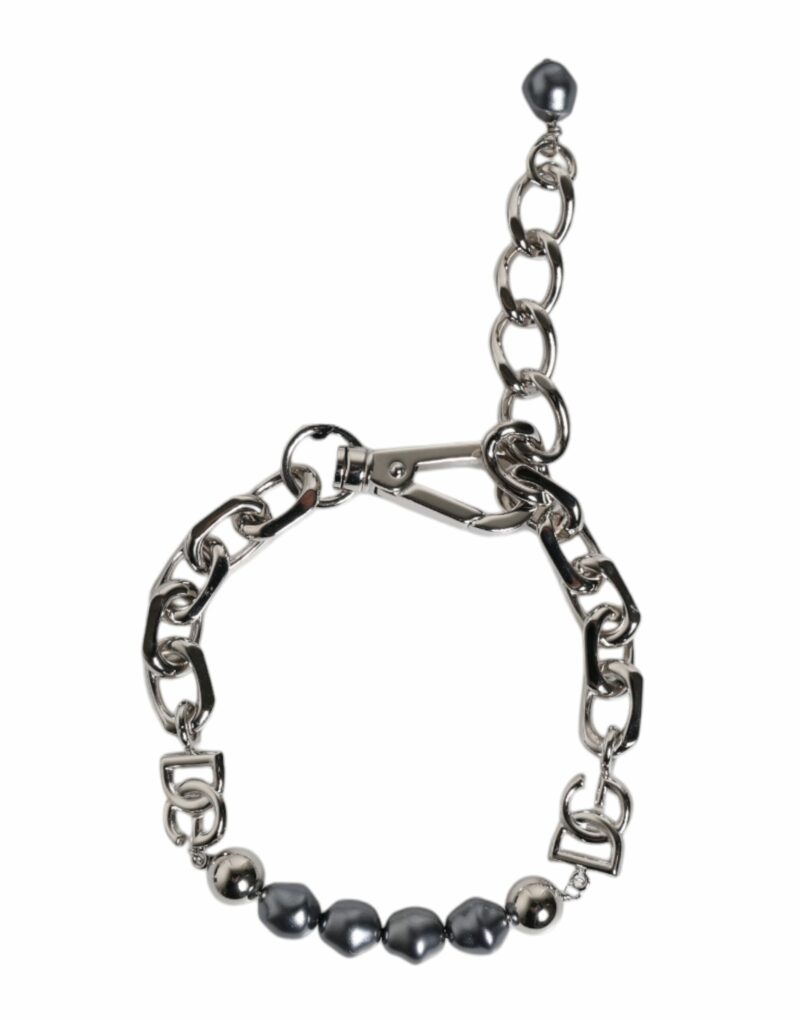 Dolce & Gabbana Silver Tone Chain Lobster Clasp Logo Gray Pearls Bracelet - Image 2