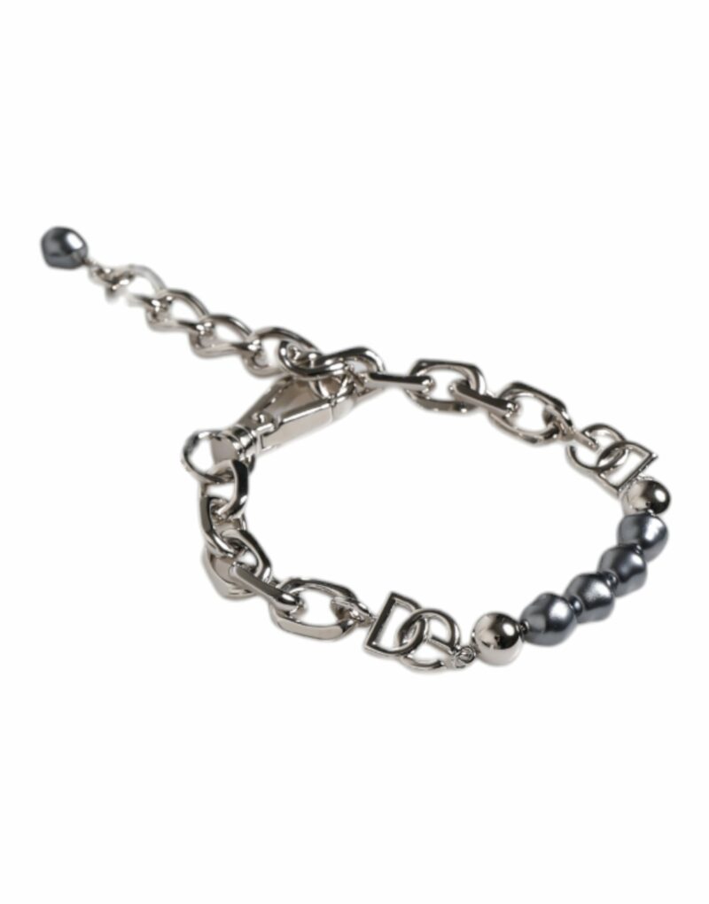Dolce & Gabbana Silver Tone Chain Lobster Clasp Logo Gray Pearls Bracelet - Image 3
