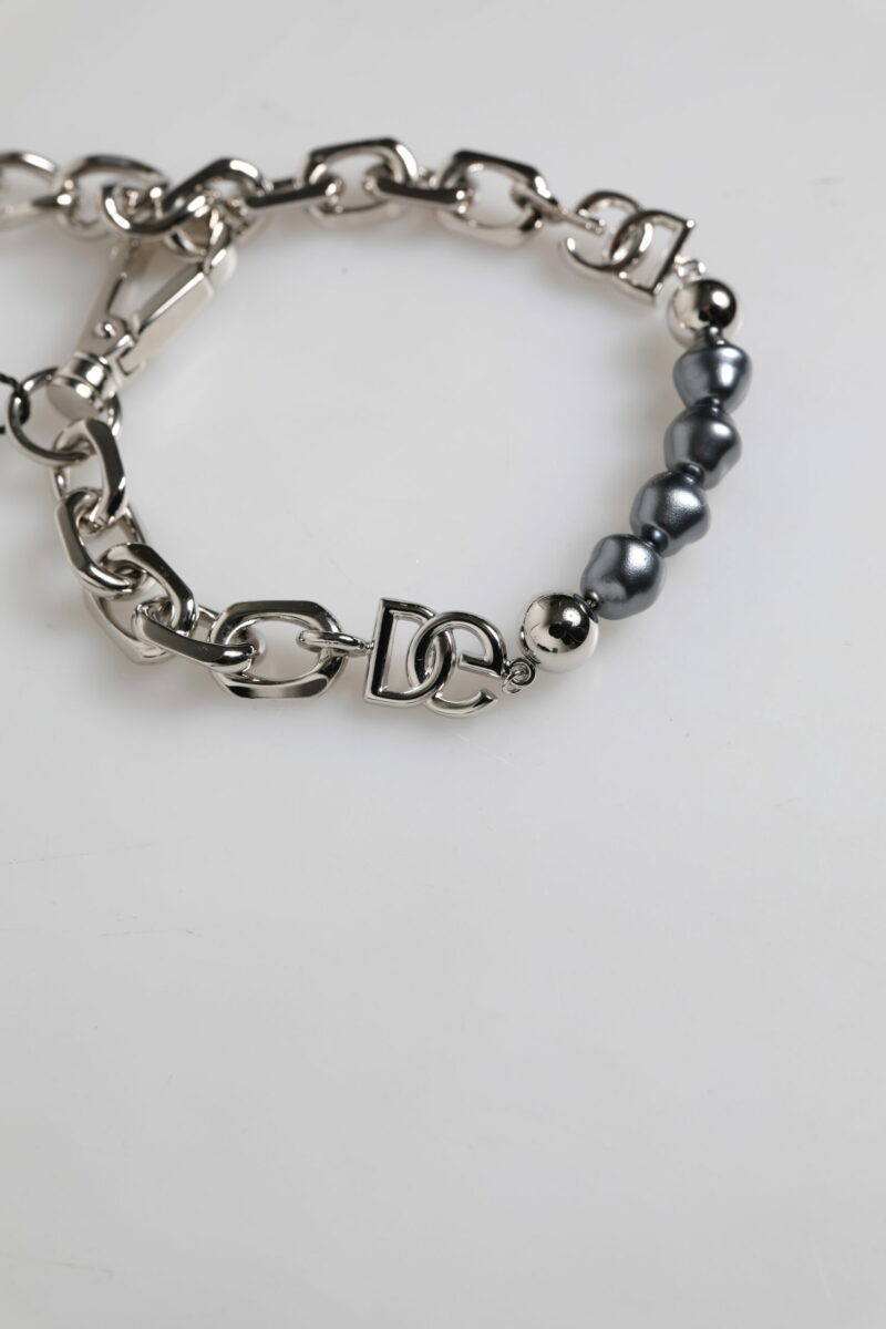 Dolce & Gabbana Silver Tone Chain Lobster Clasp Logo Gray Pearls Bracelet - Image 4
