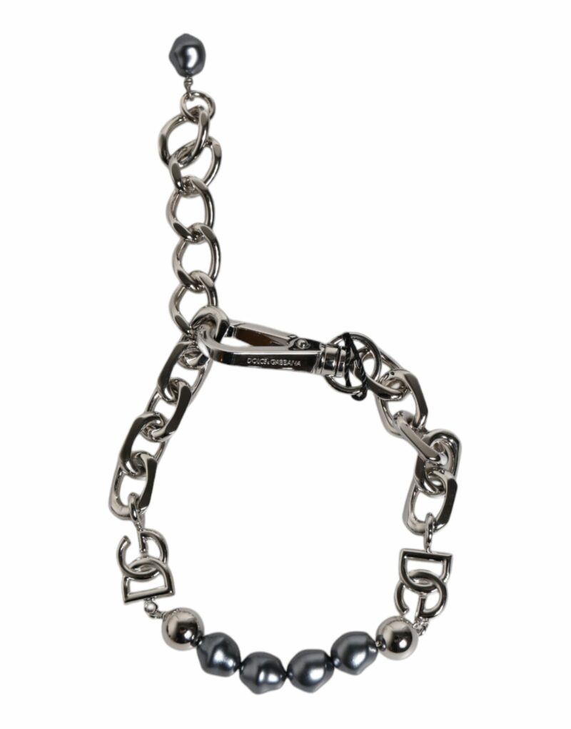 Dolce & Gabbana Silver Tone Chain Lobster Clasp Logo Gray Pearls Bracelet - Image 6